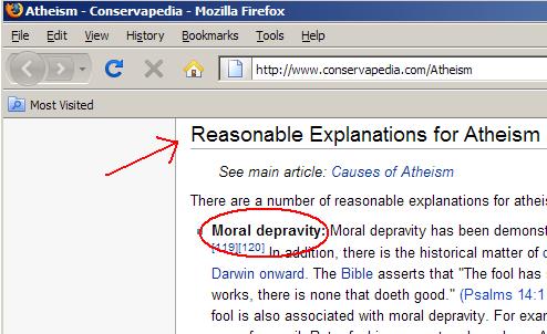 Conservapedia tries to explain causes of atheism