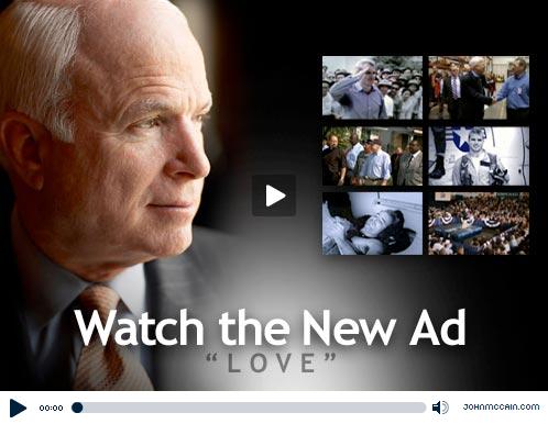 Screen capture of a weird ad titled 'love' on John McCain's web site