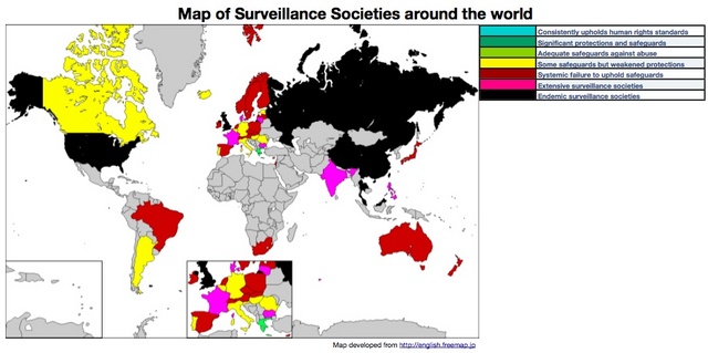 Map of nations colour coded by respect for personal privacy, the US is coloured black